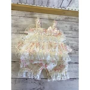 Baby Girl Ruffled Floral Rosette Romper Bubble Light Pink White Lace Trim